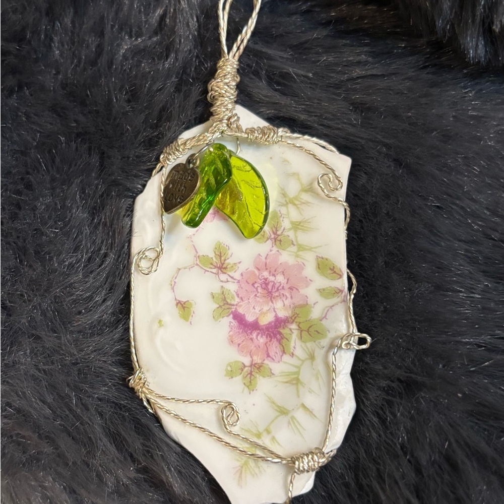 Floral hand made broken china Pendant with Green Leaf Accent